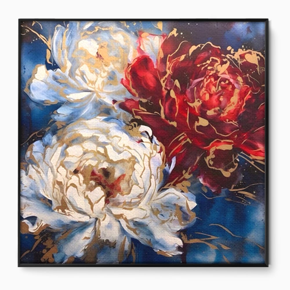 Tablou canvas cu tablou canvas cu trei bujori si foita aurie, in rama de aluminiu negru